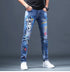 Slim Fit Korean Streetwear Graphical Printed Luxury Hip-Hop Stretch Denim Jeans for Men - Perfect Medium Wash Jeans Outfit